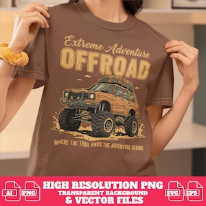 Könnte beinhalten: Braunes T-Shirt mit einer Grafik eines orangefarbenen Offroad-Fahrzeugs und dem Text "Extreme Adventure OFFROAD". Unter dem Fahrzeug steht der Text "WHERE THE TRAIL ENDS THE ADVENTURE BEGINS". Das Shirt hat auch Vektordatei-Symbole.
