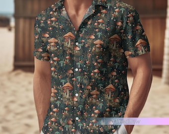 Mystical Mushrooms Hawaiian Shirt, Mushrooms Short Sleeve Button Up Shirt, Mushrooms Shirt, Mushrooms Button Shirt Men, Mushrooms Lover