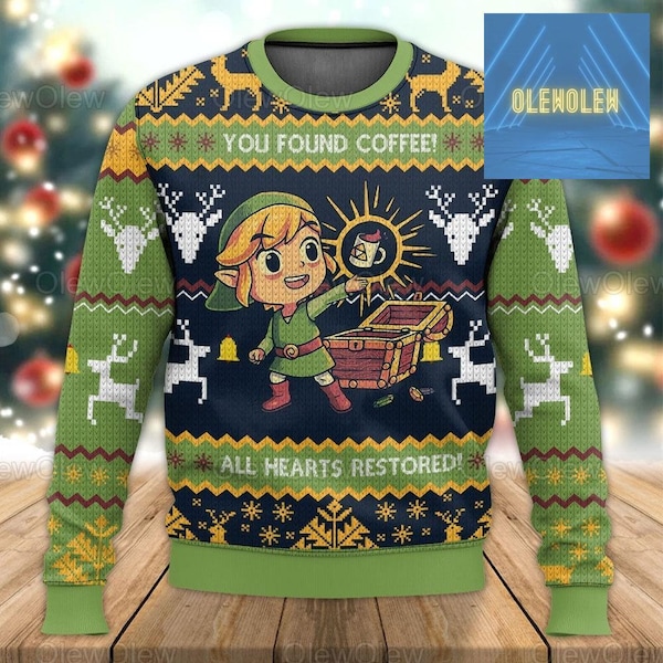 Pull de Noël laid Legend Of Zelda, You Found Coffee All Hearts Restored Noël laid, pull Link, pull Game Xmas