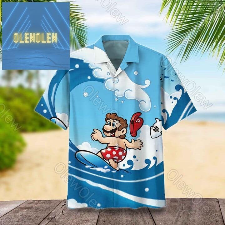 Super Mario Hawaiian Shirt, Super Mario Surfing Button Shirt