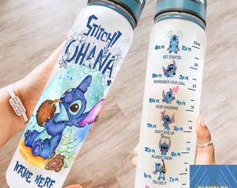 Stitch Ohana Water Tracker Bottle, Custom Stitch Bottle, Lilo And Stitch Drink Bottle, Cute Stitch 32oz Water Bottle