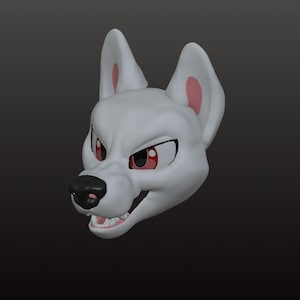 Könnte beinhalten: Ein 3D-gerenderter weißer Wolfskopf mit einem grimmigen Ausdruck. Der Wolf hat rote Augen, eine schwarze Nase und sichtbare Zähne. Die Innenseite der Ohren ist rosa. Der Kopf ist vor einem dunkelgrauen Hintergrund platziert.