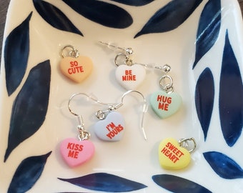 Valentines candy heart earrings, cute holiday mismatch fun earrings