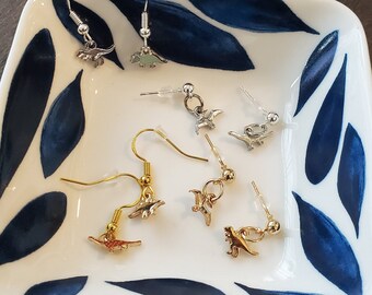 Dinosaur mismatch earrings, cute dainty gold silver earrings