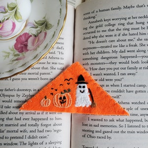 Handmade embroidered bookmark, spooky ghost and pumpkins image 2