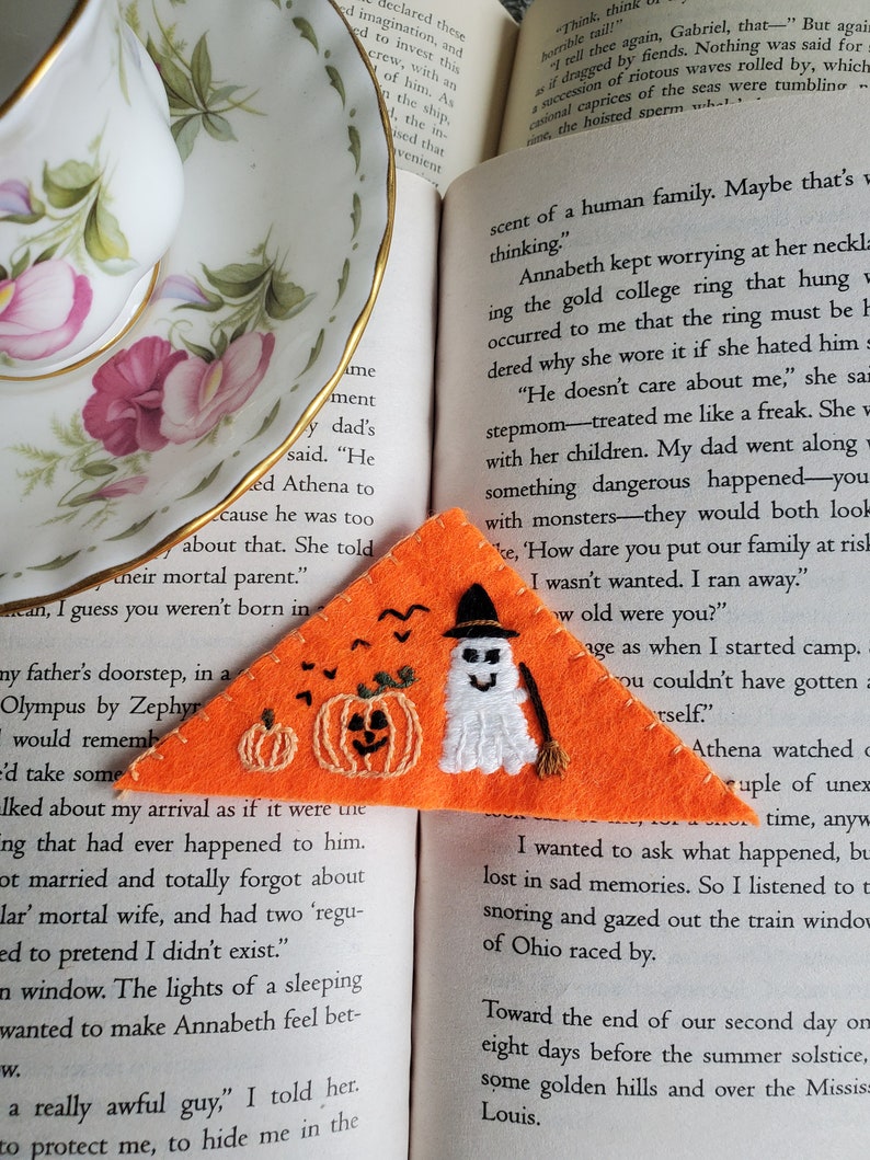 Handmade embroidered bookmark, spooky ghost and pumpkins image 2