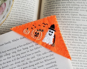 Handmade embroidered bookmark, spooky ghost and pumpkins