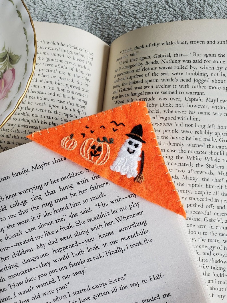 Handmade embroidered bookmark, spooky ghost and pumpkins image 1