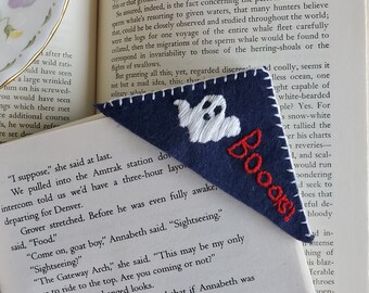 Handmade embroidered bookmark, spooky ghost and navy
