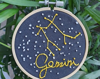 Gemini astrology constellation embroidery art, embroidery gift in hoop