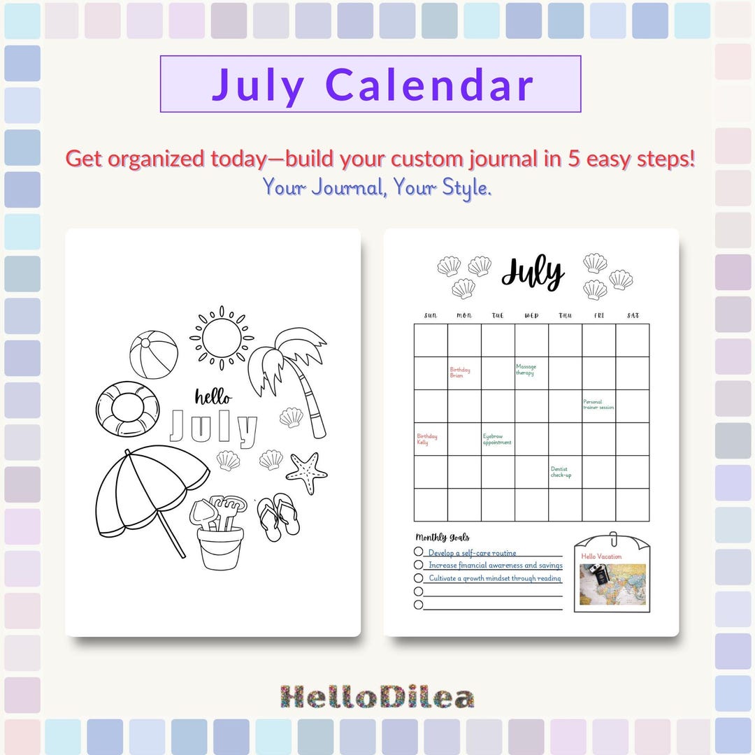 July Calendar With Matching Title Page PRINTABLE Planner Page PRINTABLE ...