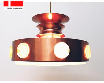 Suspension vintage Lyskær en cuivre, design scandinave Space Age