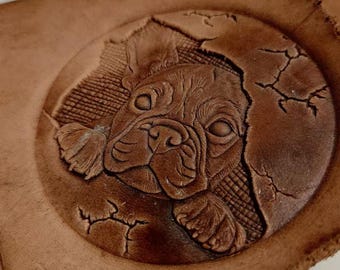 Bulldog Dog Leather Stamp Mold, 78mm Round One-Piece Embossing Tool, Cracked Wall 3D Leathercraft Stamp