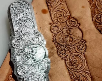 Skull Scroll Leather Stamp Mold, Long Strip Belt and Cuff Embossing Tool, Press Mold for Veg Tan Leather
