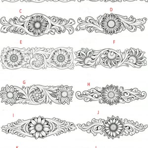Op de afbeelding: Een verzameling van twaalf gedetailleerde bloemmotieven, elk met zonnebloemen en ingewikkelde bladerpatronen. De ontwerpen zijn in grijstinten weergegeven en tonen de delicate details van de bloemblaadjes en het blad. Geschikt voor diverse knutselprojecten.