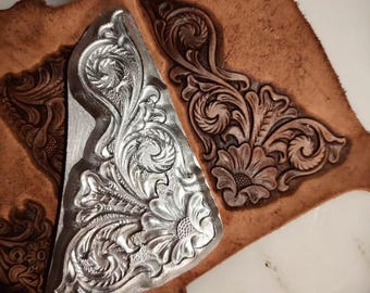 Molde para carimbo de canto em couro E, ferramenta de relevo floral de 122 mm x 82 mm para cantos, carimbo de couro de peça única, molde para cantos em couro.