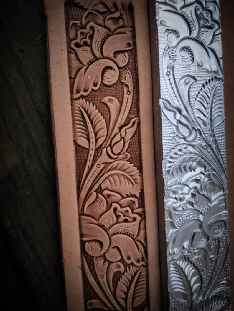 Rose border pattern embossed on vegetable-tanned leather