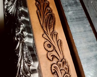 Carimbo de couro com padrão floral repetido em espiral, molde para relevo de folhas de acanto infinitas, ferramenta de prensa para correias de couro 197 mm * 28 mm