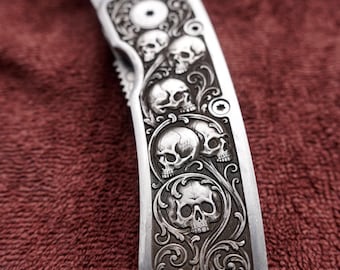 Skull Engraved Utility Knife, Gothic EDC Box Cutter, Baroque Scroll Pocket Tool, Gift for Men Leathercraft Tool