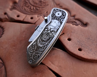 Mechanical Skull Engraved Stainless Steel Utility Knife, EDC Box Cutter, Gothic Pocket Tool, Gift for Him