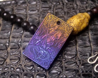 Heat Colored Titanium Pendant, Engraved Knight Dragon Dog Tag, Anodized EDC Knife Lanyard Pendant, Gift for Him