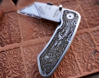 Fortuna Goddess Engraved Stainless Steel Utility Knife, EDC Box Cutter, Lady Fortune Pocket Tool, Gift for Him