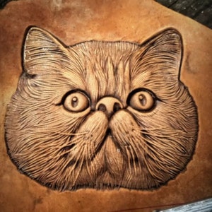 Peut inclure: Sculpture en cuir travaillé à la main représentant le visage d'un chat. Le chat a de grands yeux ronds et un nez aplati, avec des lignes complexes définissant la fourrure. La couleur est un brun chaud et naturel.