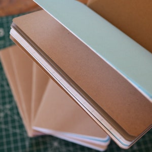 Könnte beinhalten: Ein Stapel brauner und blauer Notizbücher mit einer weißen, genähten Bindung. Das oberste Notizbuch ist geöffnet und zeigt eine leere Seite.
