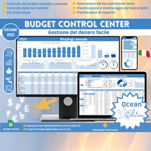 Puede incluir: Una interfaz digital de planificación financiera, con un monitor de escritorio, un portátil y un smartphone que muestran gráficos y datos. La interfaz incluye el texto "Budget Control Center" y "Ocean Edition". La imagen también incluye símbolos de moneda y el logotipo de Google Sheets.