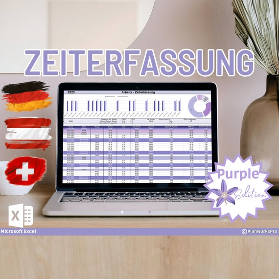 Zeiterfassung Purple Excel Vorlage 2026, Arbeitszeiterfassung Stundenerfassung, Überstunden Tracker Urlaubstage Deutsch