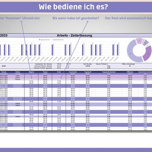 以下が含まれることがあります： 「Arbeits - Zeiterfassung」（時間追跡）というタイトルのMicrosoft Excelスプレッドシート。 2023年1月のカレンダー、データ視覚化、円グラフが表示されています。 ドイツ語での指示が上部にあります。