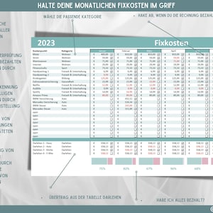May include: A spreadsheet with a light blue background and a white grid. The spreadsheet is titled "Fixkosten" and is divided into columns for different months of the year. The spreadsheet is used to track monthly expenses. The spreadsheet includes a section for "Kostenpunkt" and "Kategorie".