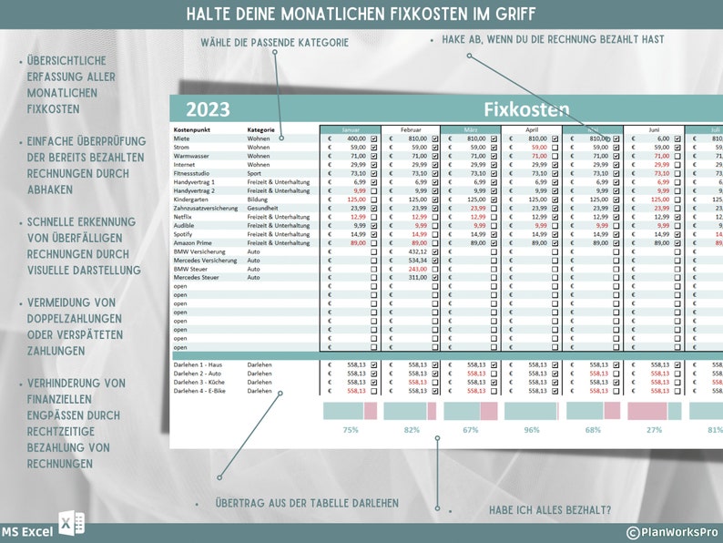 May include: A spreadsheet with a light blue background and a white grid. The spreadsheet is titled "Fixkosten" and is divided into columns for different months of the year. The spreadsheet is used to track monthly expenses. The spreadsheet includes a section for "Kostenpunkt" and "Kategorie".
