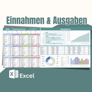 May include: A spreadsheet with a green and blue color scheme showing a budget planner for income and expenses. The spreadsheet is titled "Einnahmen & Ausgaben" and shows a total savings of &euro;26,895.00. The spreadsheet is labeled with the year 2023 and is divided into four quarters. The spreadsheet includes a bar graph, a pie chart, and a line graph.