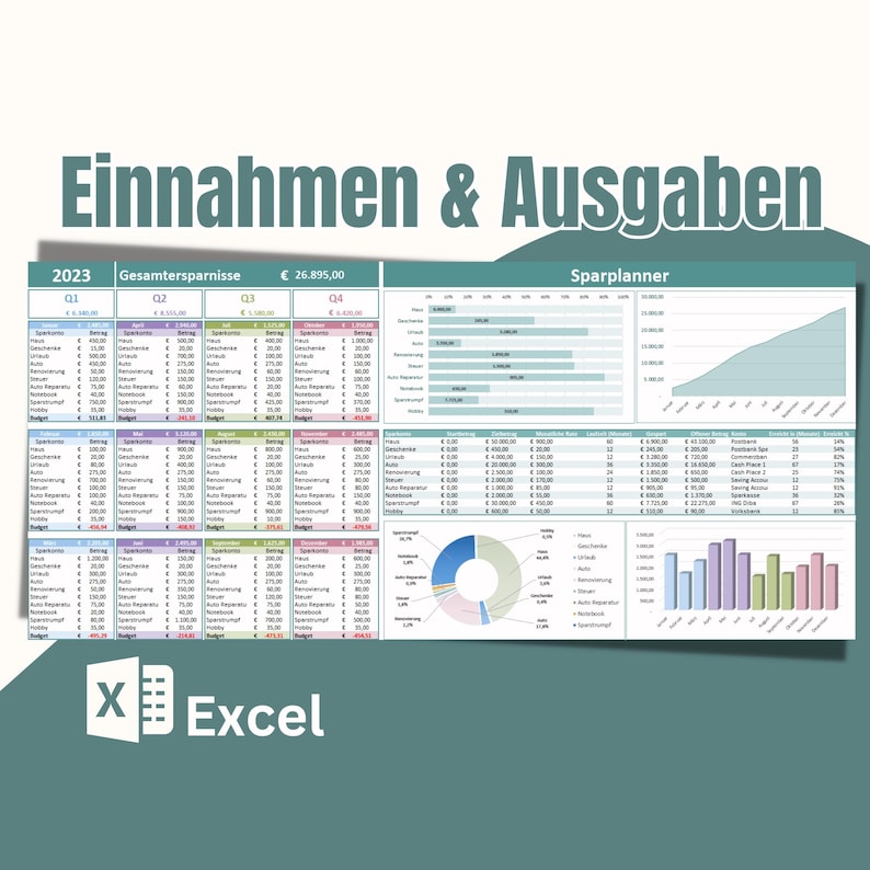 May include: A spreadsheet with a green and blue color scheme showing a budget planner for income and expenses. The spreadsheet is titled "Einnahmen & Ausgaben" and shows a total savings of &euro;26,895.00. The spreadsheet is labeled with the year 2023 and is divided into four quarters. The spreadsheet includes a bar graph, a pie chart, and a line graph.