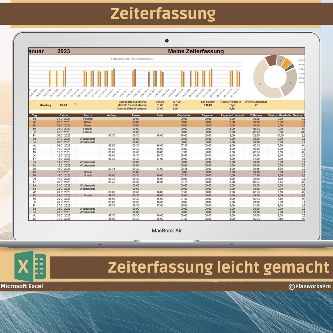 Time Tracking | Work Time Tracking With Break Times | Excel Time ...