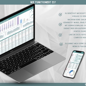 May include: A laptop and a smartphone display a spreadsheet with a graph and a pie chart. The text on the screen reads "Jahres&uuml;bersicht" and "1023". The text on the right side of the image reads "WIE FUNKTIONIERT ES?" and includes a list of instructions for using the spreadsheet. The text reads "DU BEN&Ouml;TIGST MICROSOFT EXCEL, UM DIESE VORLAGE ZU VERWENDEN NACHDEM DEINE ZAHLUNG BEI ETSY VERARBEITET WURDE, ERH&Auml;LTST DU EINE E-MAIL MIT DEINEM DOWNLOAD. DU KANNST AUCH DARAUF &Uuml;BER DEN KAUFBEREICH DEINES ETSY-KONTOS ZUGREIFEN LADE DIE EXCEL-DATEI AUF DEINEN COMPUTER HERUNTER DU KANNST MICH GERNE ZU KONTAKTIEREN, WENN DU FRAGEN HAST!"