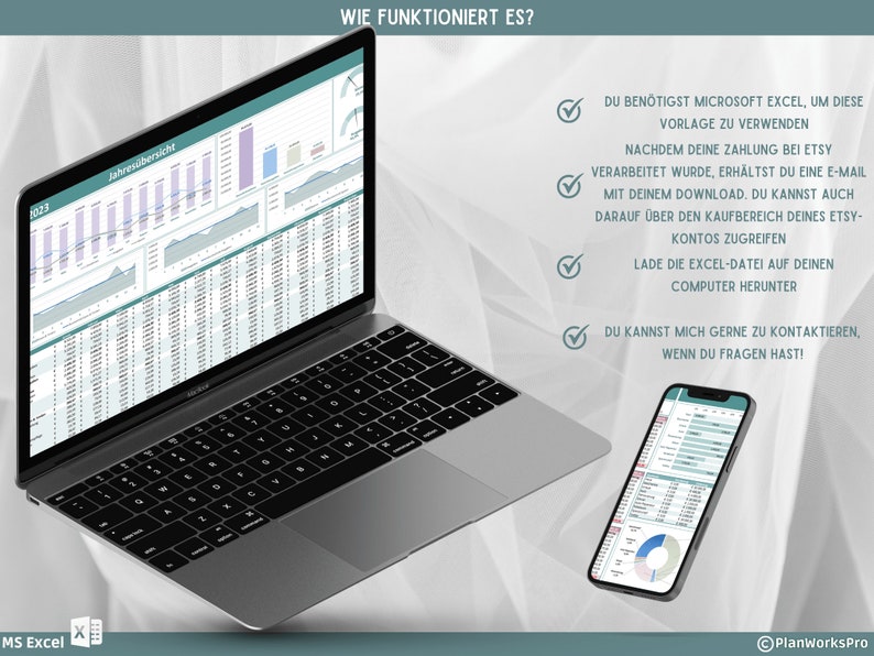 May include: A laptop and a smartphone display a spreadsheet with a graph and a pie chart. The text on the screen reads "Jahres&uuml;bersicht" and "1023". The text on the right side of the image reads "WIE FUNKTIONIERT ES?" and includes a list of instructions for using the spreadsheet. The text reads "DU BEN&Ouml;TIGST MICROSOFT EXCEL, UM DIESE VORLAGE ZU VERWENDEN NACHDEM DEINE ZAHLUNG BEI ETSY VERARBEITET WURDE, ERH&Auml;LTST DU EINE E-MAIL MIT DEINEM DOWNLOAD. DU KANNST AUCH DARAUF &Uuml;BER DEN KAUFBEREICH DEINES ETSY-KONTOS ZUGREIFEN LADE DIE EXCEL-DATEI AUF DEINEN COMPUTER HERUNTER DU KANNST MICH GERNE ZU KONTAKTIEREN, WENN DU FRAGEN HAST!"