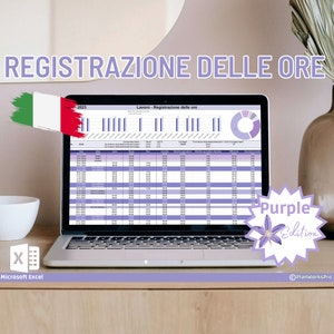 May include: A laptop screen shows a purple Excel spreadsheet with the title "REGISTRAZIONE DELLE ORE" and an Italian flag graphic. The spreadsheet is a time tracking sheet. A "Purple Edition" badge and Microsoft Excel logo are also visible.