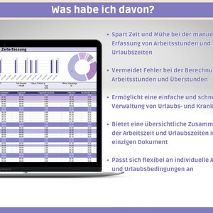 以下が含まれることがあります： ラップトップの画面には、Microsoft Excelのスプレッドシート「Arbeits-Zeiterfassung」が表示されています。画面には、時間追跡表と円グラフが表示されています。上部のテキストは「Was habe ich davon?」と書かれており、箇条書きでソフトウェアの利点が説明されています。