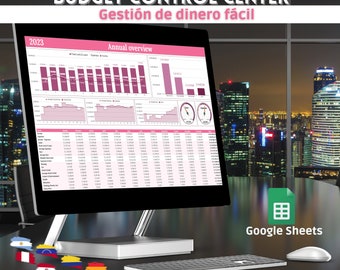 May include: A computer screen displaying a spreadsheet with the title "Budget Control Center Gestión de dinero fácil" and the year 2023. The spreadsheet shows graphs and charts with data about income and expenses. The screen is on a desk with a keyboard and a mouse. The background is a city skyline at night.