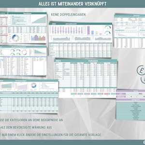 May include: A collage of colorful charts and graphs with the title "Alles ist miteinander verkn&uuml;pft" (Everything is interconnected) and "Keine Dopppeleingaben" (No double entries). The charts and graphs are organized in a grid pattern and show various data points, including numbers, percentages, and dates. The charts and graphs are all connected to each other, indicating that the data is interconnected. The image also includes the text "Passe die Kategorien an deine Bed&uuml;rfnisse an" (Adapt the categories to your needs), "W&auml;hle dein bevorzugte W&auml;hrung aus" (Choose your preferred currency), and "Mit nur einem Klick &auml;ndere die Einstellungen f&uuml;r die gesamte Vorlage" (With just one click, change the settings for the entire template).