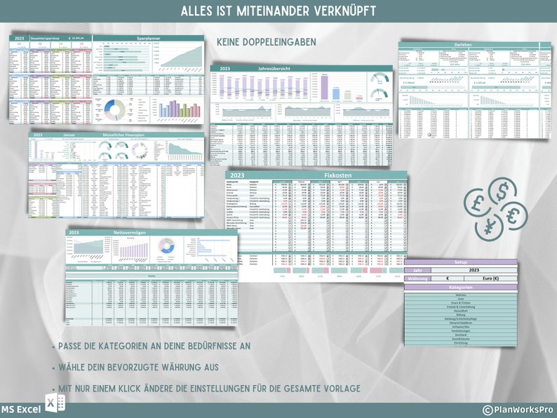 May include: A collage of colorful charts and graphs with the title "Alles ist miteinander verkn&uuml;pft" (Everything is interconnected) and "Keine Dopppeleingaben" (No double entries). The charts and graphs are organized in a grid pattern and show various data points, including numbers, percentages, and dates. The charts and graphs are all connected to each other, indicating that the data is interconnected. The image also includes the text "Passe die Kategorien an deine Bed&uuml;rfnisse an" (Adapt the categories to your needs), "W&auml;hle dein bevorzugte W&auml;hrung aus" (Choose your preferred currency), and "Mit nur einem Klick &auml;ndere die Einstellungen f&uuml;r die gesamte Vorlage" (With just one click, change the settings for the entire template).
