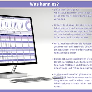 以下が含まれることがあります： Microsoft Excel のタイムトラッキング用スプレッドシートを表示するコンピューターモニター。画面にはデータを含む表が表示され、「Arbeits-Zeiterfassung」というテキストが表示されます。キーボードはモニターの前にあります。画像にはドイツ語のテキストも含まれています。