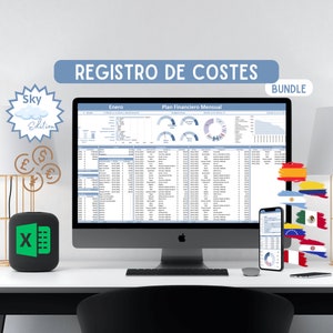 以下が含まれることがあります： デスクトップコンピュータとスマートフォンには、"REGISTRO DE COSTES"と"Sky Edition"のテキストが表示された財務スプレッドシートが表示されています。Excelのロゴといくつかの国の国旗が付いたスマートスピーカーも表示されています。