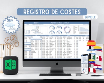May include: A desktop computer and smartphone display financial spreadsheets, with the text "REGISTRO DE COSTES" and "Sky Edition." A smart speaker with an Excel logo and flags of several countries are also visible.
