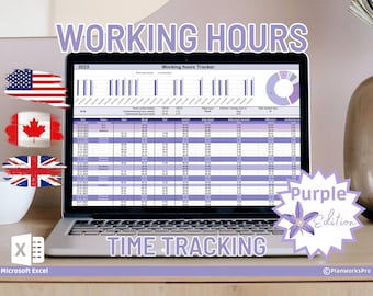 May include: A laptop computer displaying a spreadsheet with a purple theme. The spreadsheet is titled "Working hours Tracker" and includes columns for date, task, start time, end time, worked hours, daily target, daily target achieved, difference, and worked days. The spreadsheet is part of a Microsoft Excel workbook. The laptop is on a wooden surface with a purple flower graphic and the text "Purple Edition" in a white circle.