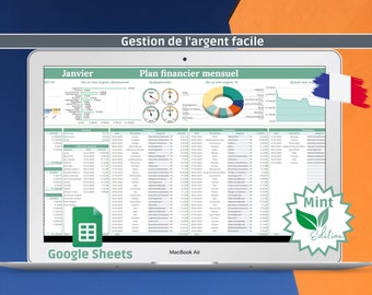 Può includere: Un MacBook Air mostra un foglio di calcolo di Google Sheets con dati finanziari. Lo schermo mostra un piano finanziario mensile in francese, con grafici e tabelle. L'immagine include il testo "Gestion de l'argent facile" e un logo "Mint Edition".