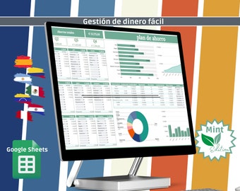 May include: A computer monitor displaying a financial spreadsheet with the text "Gestión de dinero fácil" and "plan de ahorro". The image includes the Google Sheets logo, flags, and a Mint Edition logo.