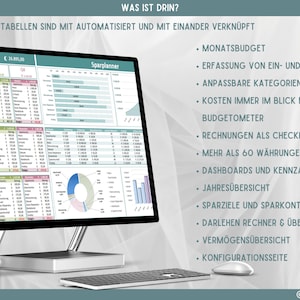 May include: A computer screen displaying a spreadsheet with the title "Sparplanner" and a pie chart. The text "WAS IST DRIN?" is at the top of the screen. The text below the title "Sparplanner" reads "ALLE TABELLEN SIND MIT AUTOMATISIERT UND MIT EINANDER VERKN&Uuml;PFT". The text on the right side of the screen lists features of the spreadsheet, including "MONATSBUDGET", "ERFASSUNG VON EIN- UND AUSGABEN", "ANPASSBARE KATEGORIEN", "KOSTEN IMMER IM BLICK MIT DEM BUDGETOMETER", "RECHNUNGEN ALS CHECKLISTE", "MEHR ALS 60 W&Auml;HRUNGEN", "DASHBOARDS UND KENNZAHLEN", "JAHRES&Uuml;BERSICHT", "SPARZIELE UND SPARKONTEN", "DARLEHEN RECHNER & &Uuml;BERSICHT", "VERM&Ouml;GENS&Uuml;BERSICHT", and "KONFIGURATIONSSEITE".